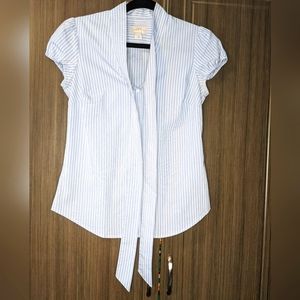LOFT Petite Blue & White Striped Top with Collar Tie, XS